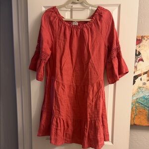 Women’s Coral Peasant Dress with Crochet Sleeves